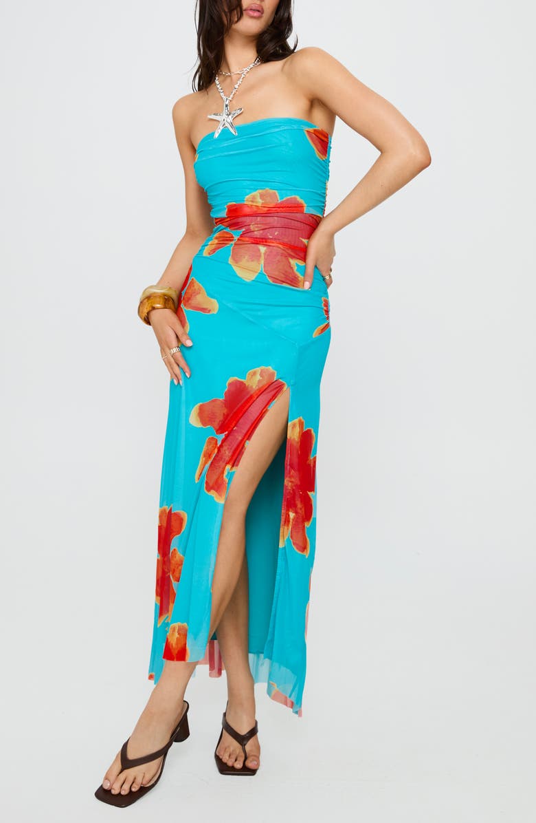 Princess Polly Katara Strapless Maxi Dress, Main, color, Blue / Orange Floral