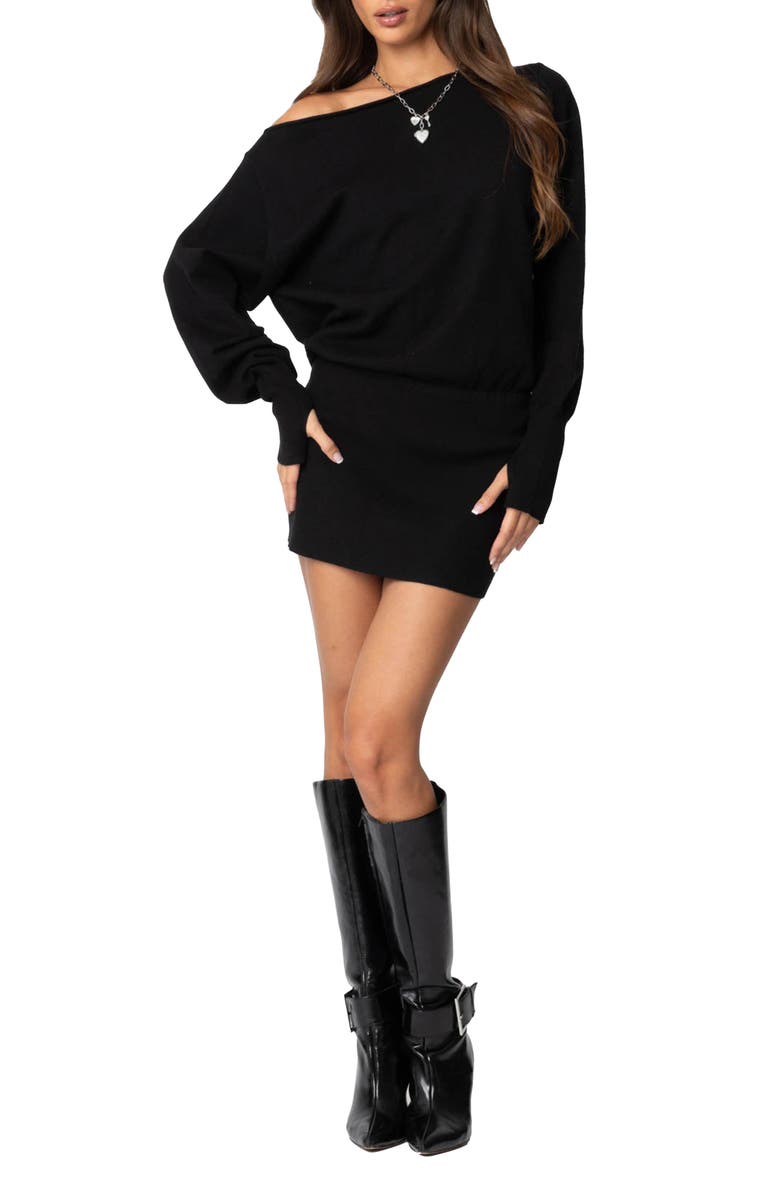 EDIKTED Eve Off the Shoulder Long Sleeve Knit Minidress, Main, color, Black