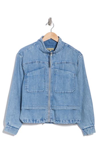 Democracy Double Layer Denim Bomber Jacket In Light Blue