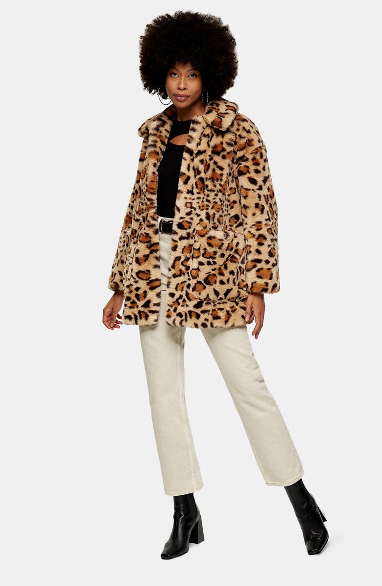 Topshop Eddie Leopard Pattern Faux Fur Jacket, Alternate, color, 