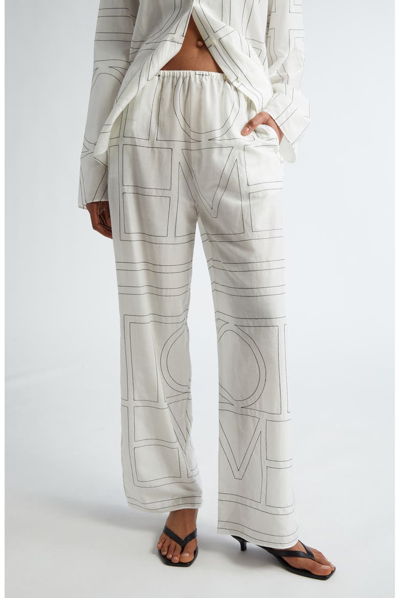 Monogram Embroidered Pull-On Pants, Main, color, WHITE/ BLACK
