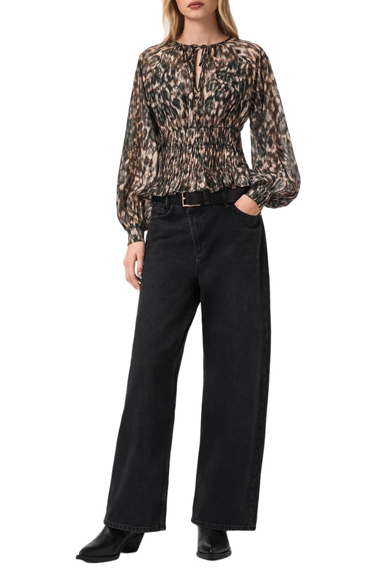Cern Print Smocked Top, Alternate, color, PROWL GOLDEN BROWN