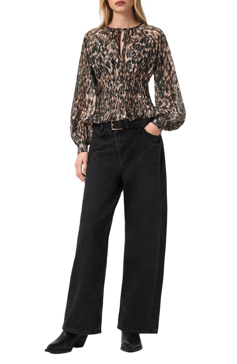 AllSaints Cern Print Smocked Top, Alternate, color, Prowl Golden Brown
