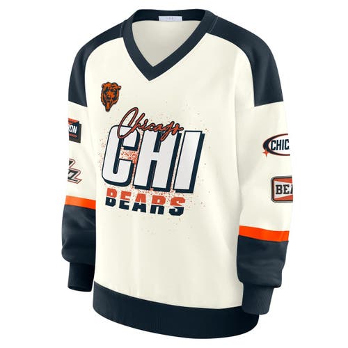 Wear By Erin Andrews Cream Chicago Bears Racing Crew V-neck Sweatshirt In White