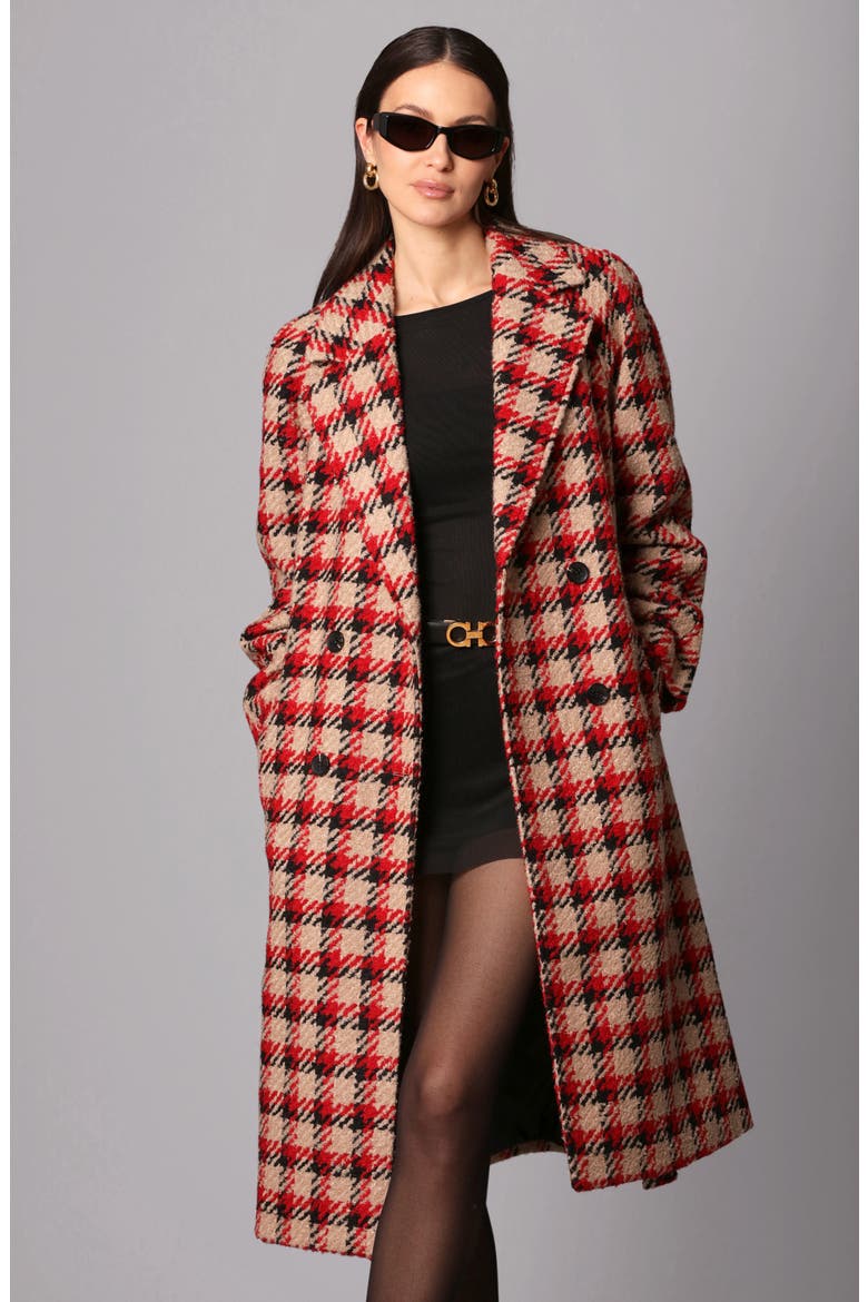 Belted Plaid Double Breasted Longline Coat, Alternate, color, CAMEL/ BLACK/ RED PLAID