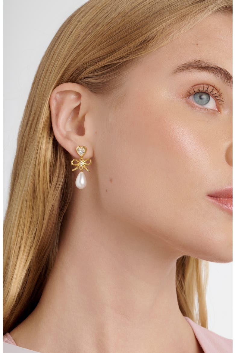 Ivy Icon Charm Heart Bow Faux Pearl Drop Earrings, Alternate, color, METALLIC GOLD