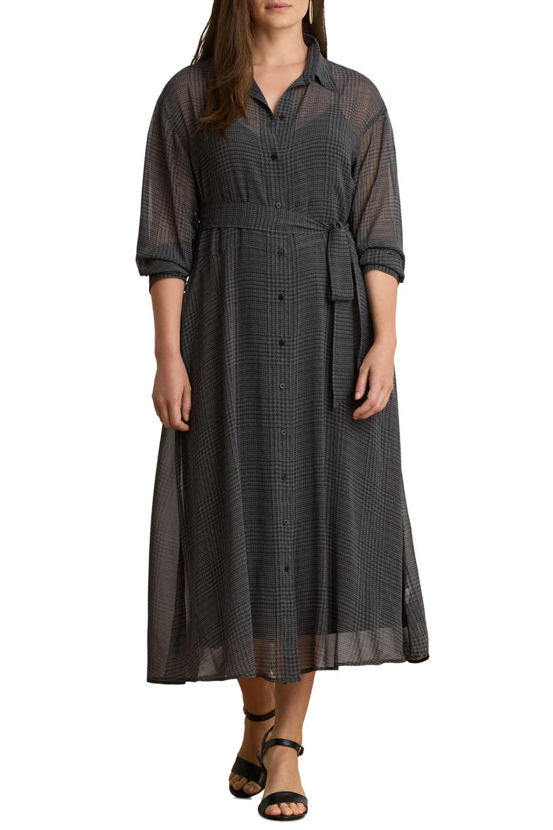 Plaid Belted Chiffon Midi Shirtdress, Alternate, color, GREY