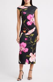 Vince Camuto Floral Cap Sleeve Sheath Midi Dress