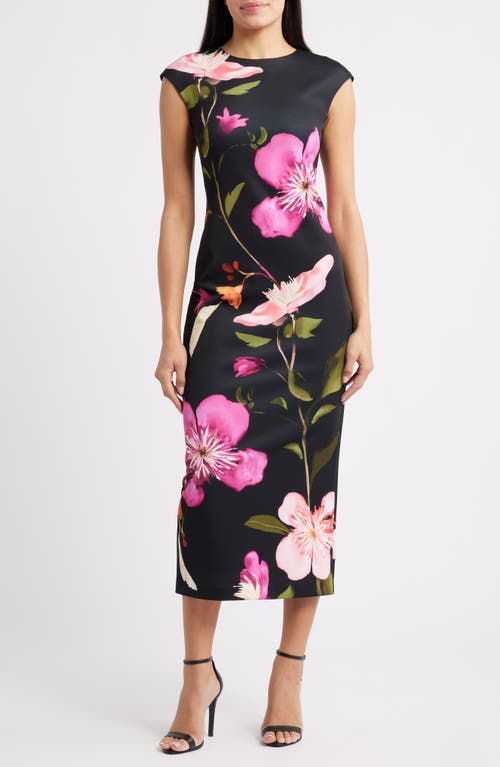 Vince Camuto Floral Cap Sleeve Sheath Midi Dress In Black