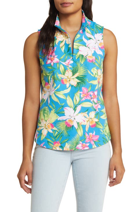 Aubrey Bayside Blooms Sleeveless Half Zip Top