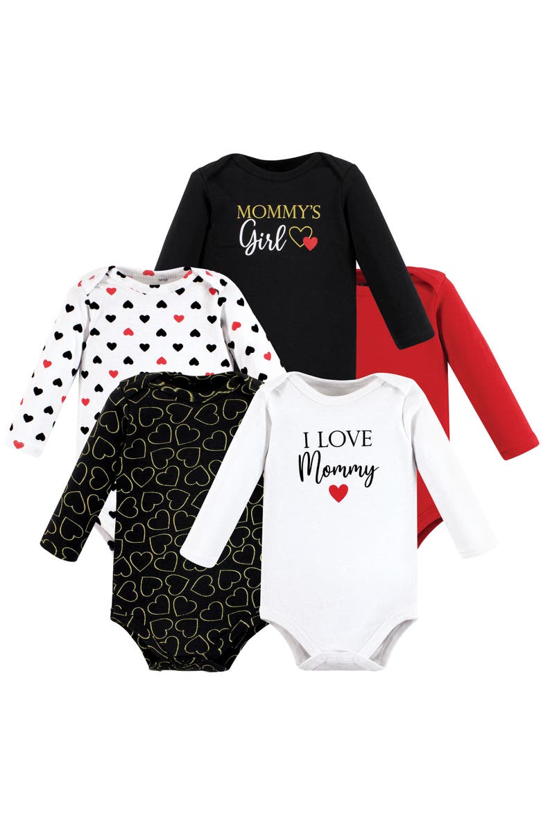Hudson Baby Essential Long-Sleeve Cotton Bodysuit Set, Main, color, Girl Mommy Red Black 5-Pack