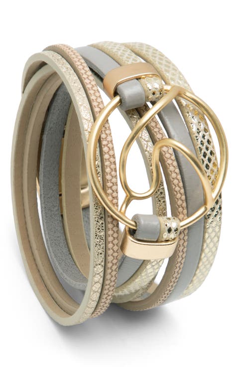 Leather Abstract Disk Wrap Bracelet