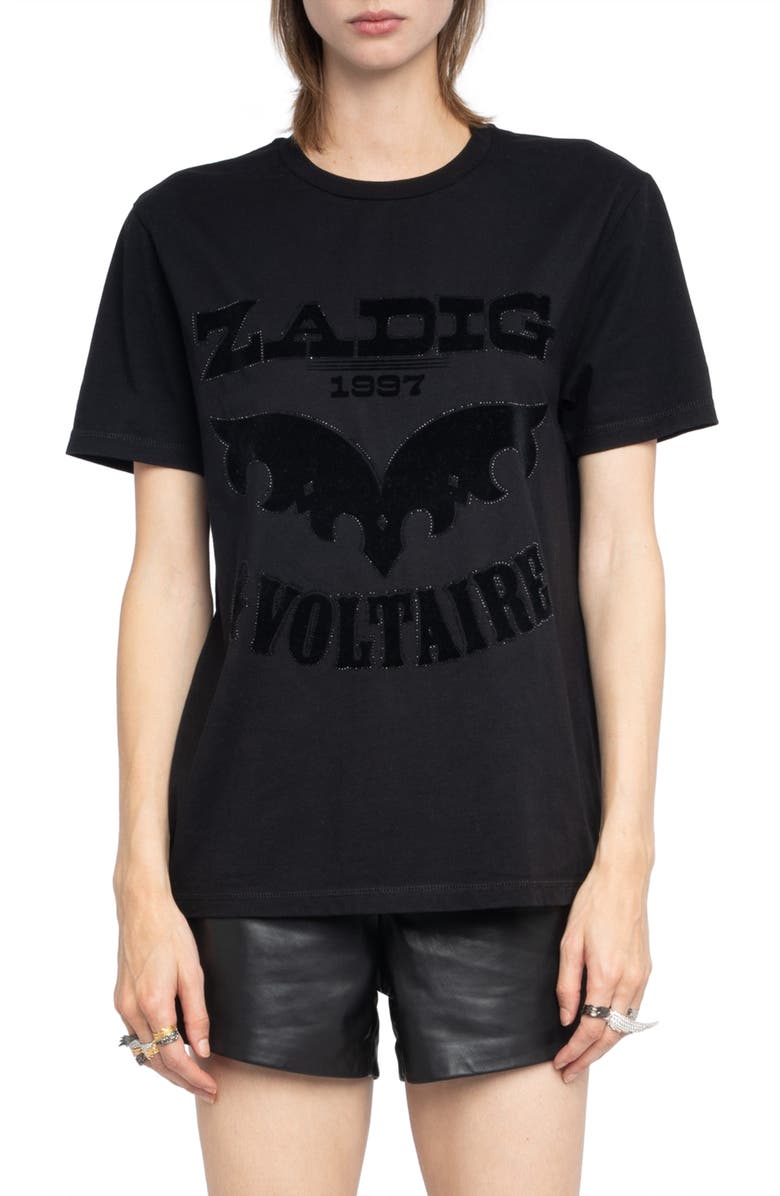 Zadig & Voltaire Edwin Crystal Embellished Flocked Logo T-Shirt, Main, color, Black