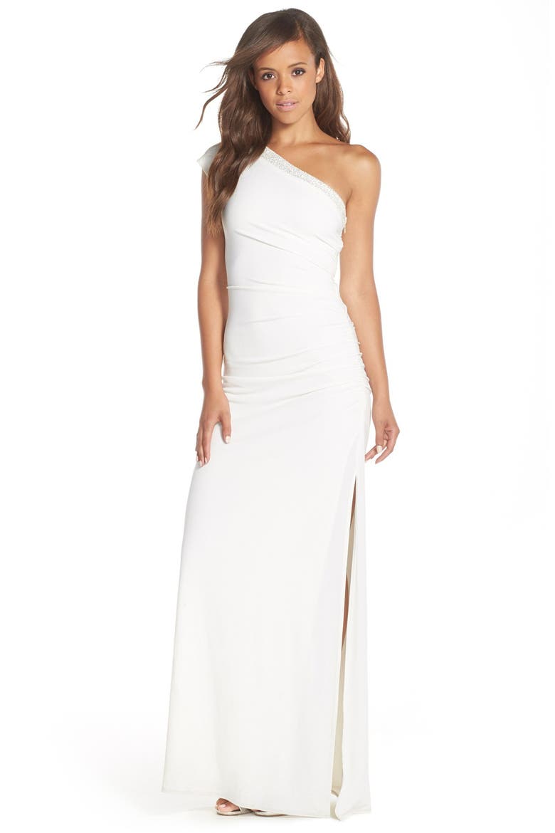 Beaded One-Shoulder Jersey Gown, Main, color, WARM WHITE