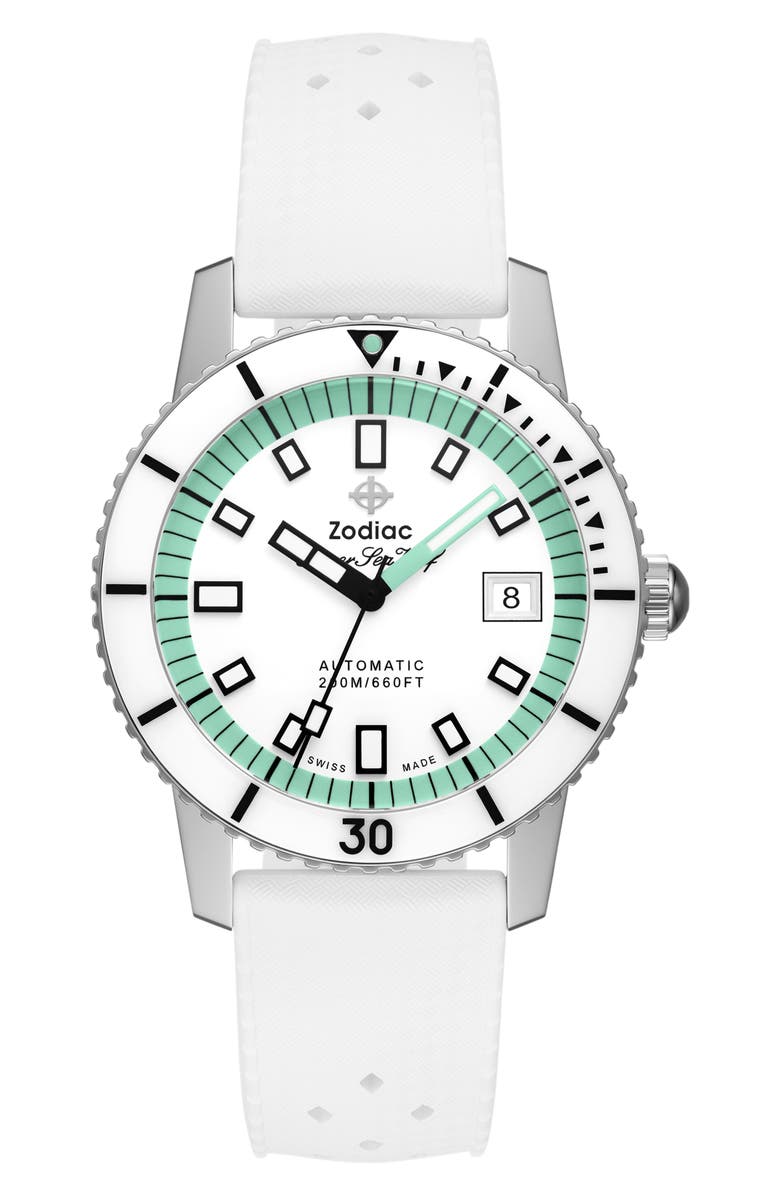 Zodiac Compression Diver Automatic White Rubber Watch, 40mm, Main, color, White