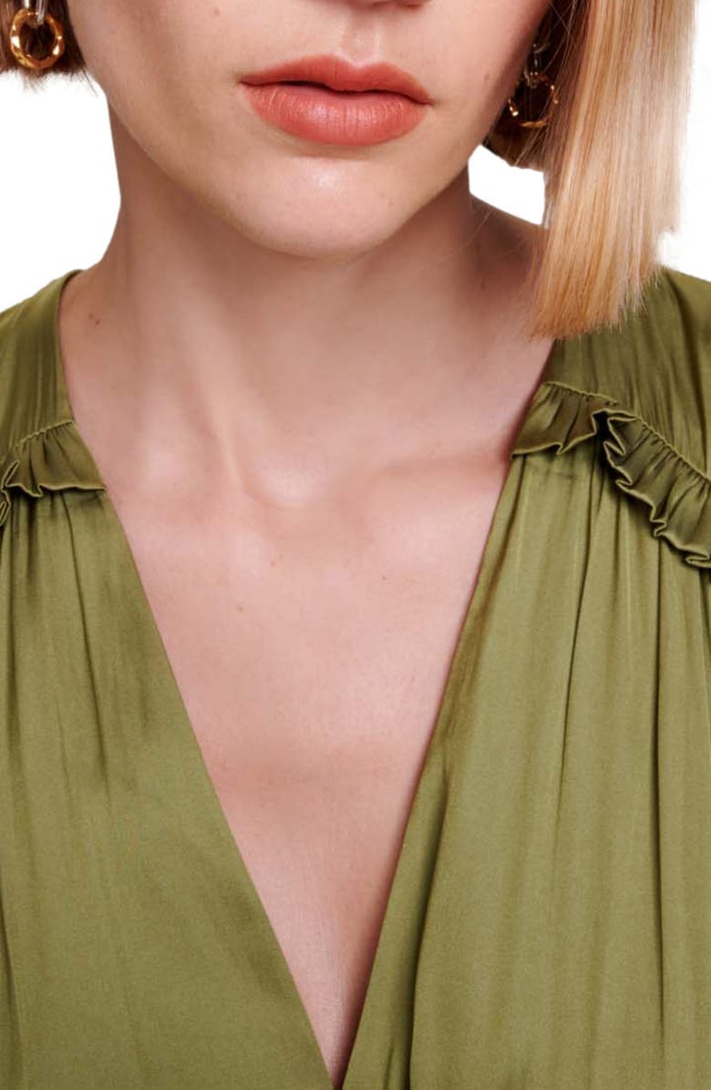 maje Long Sleeve Ruffle Satin Midi Dress, Alternate, color, 