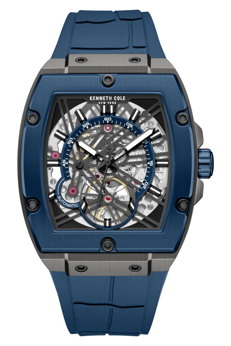 Skeleton Blue Tonneau Automatic Silicone Strap Watch, 41.5mm x 53.5mm, Main, color, BLUE