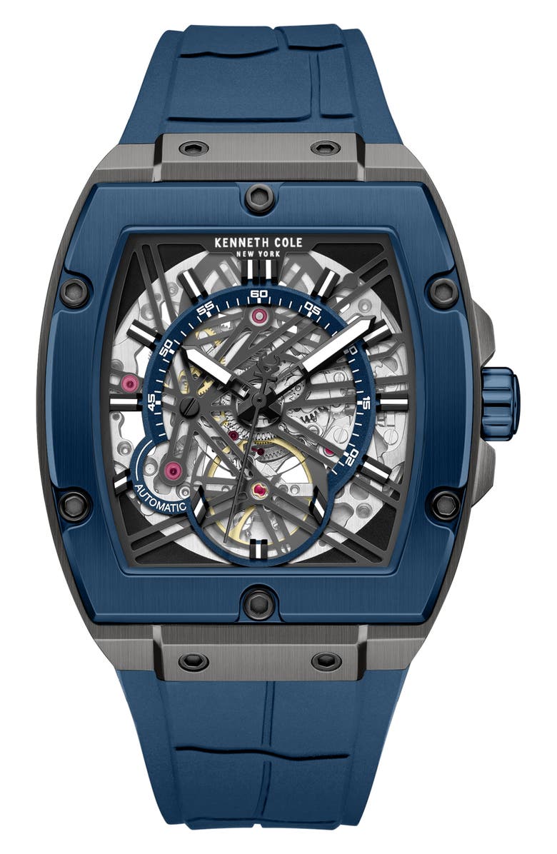 Kenneth Cole New York Skeleton Blue Tonneau Automatic Silicone Strap Watch, 41.5mm x 53.5mm, Main, color, Blue