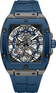 Kenneth Cole New York Skeleton Blue Tonneau Automatic Silicone Strap Watch, 41.5mm x 53.5mm