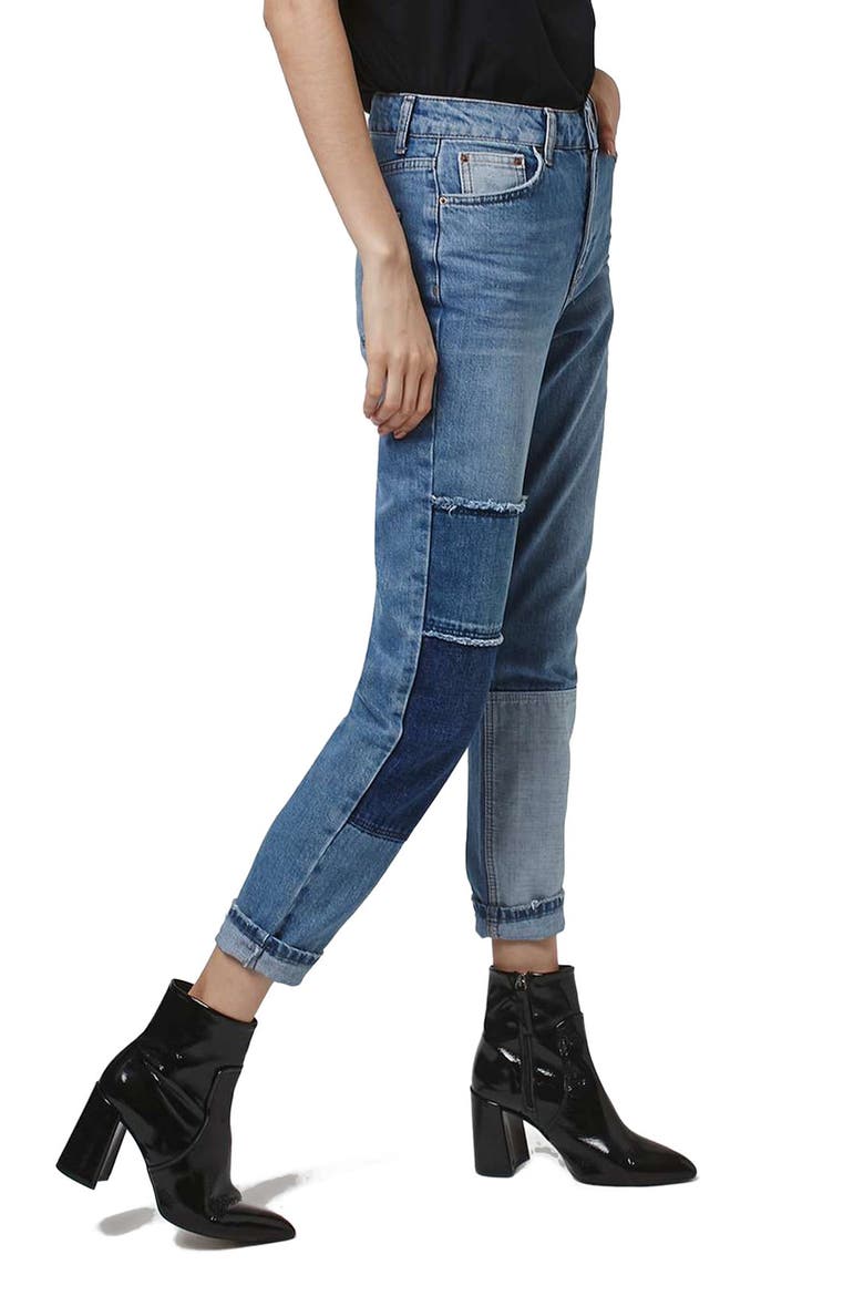 Mom Patchwork High Rise Jeans, Main, color, BLUE
