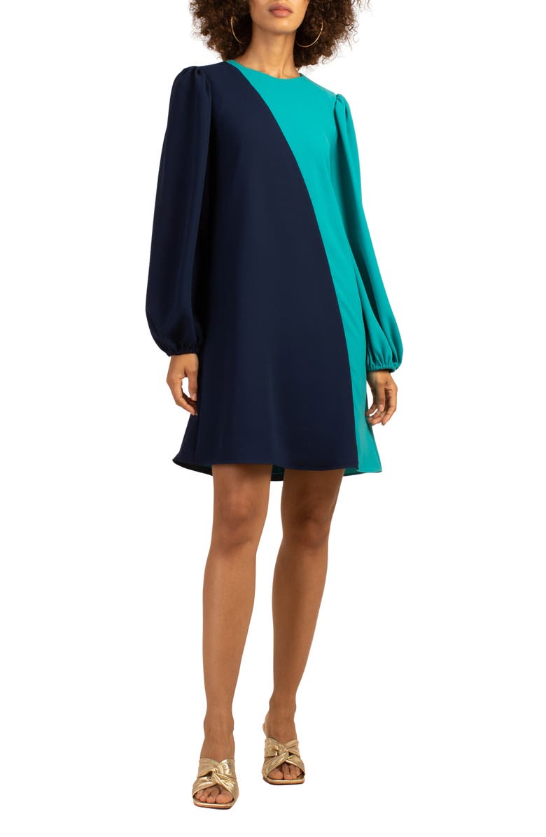 Trina Turk Echo Long Sleeve Colorblock Shift Dress, Main, color, Atlas Teal/ Ink