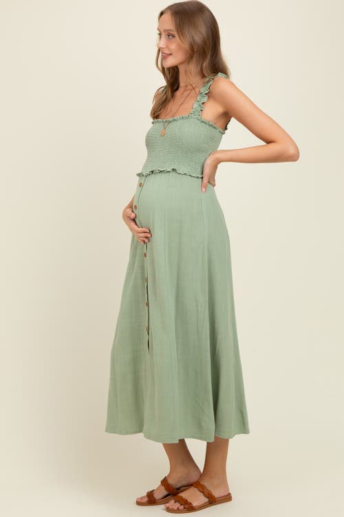 Pinkblush Smocked Button Front Linen Blend Midi Dress In Green