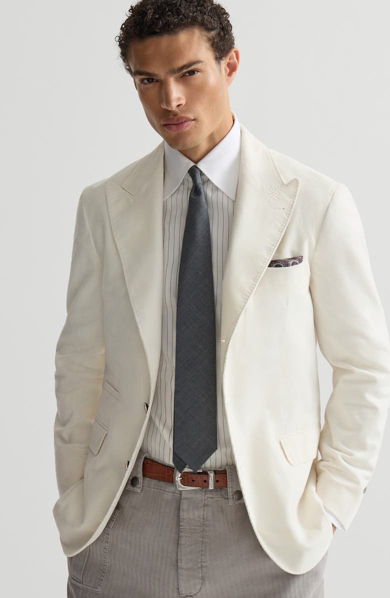 Brunello Cucinelli Sea Island cotton narrow wale corduroy deconstructed blazer with large peak lapels and metal buttons, Alternate, color, Panama