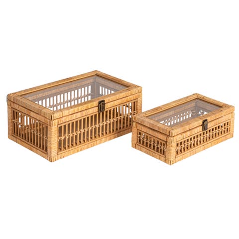 Rattan and wood Nestable Storage Boxes with Glass Lids, Natural, Set of 2