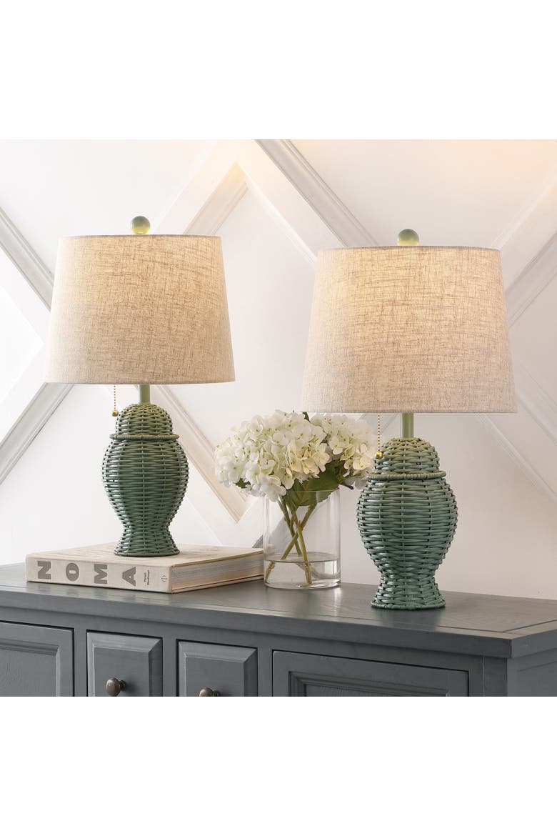 Margie Wicker 20.5" Bohemian Rustic Iron LED Table Lamp, Alternate, color, Green