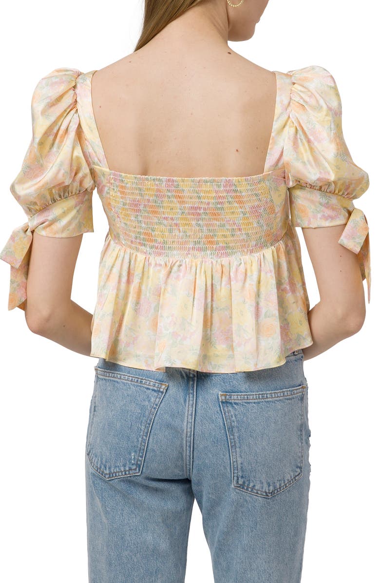 WAYF Floral Print Puff Sleeve Peplum Top, Alternate, color, Yellow Mini Roses