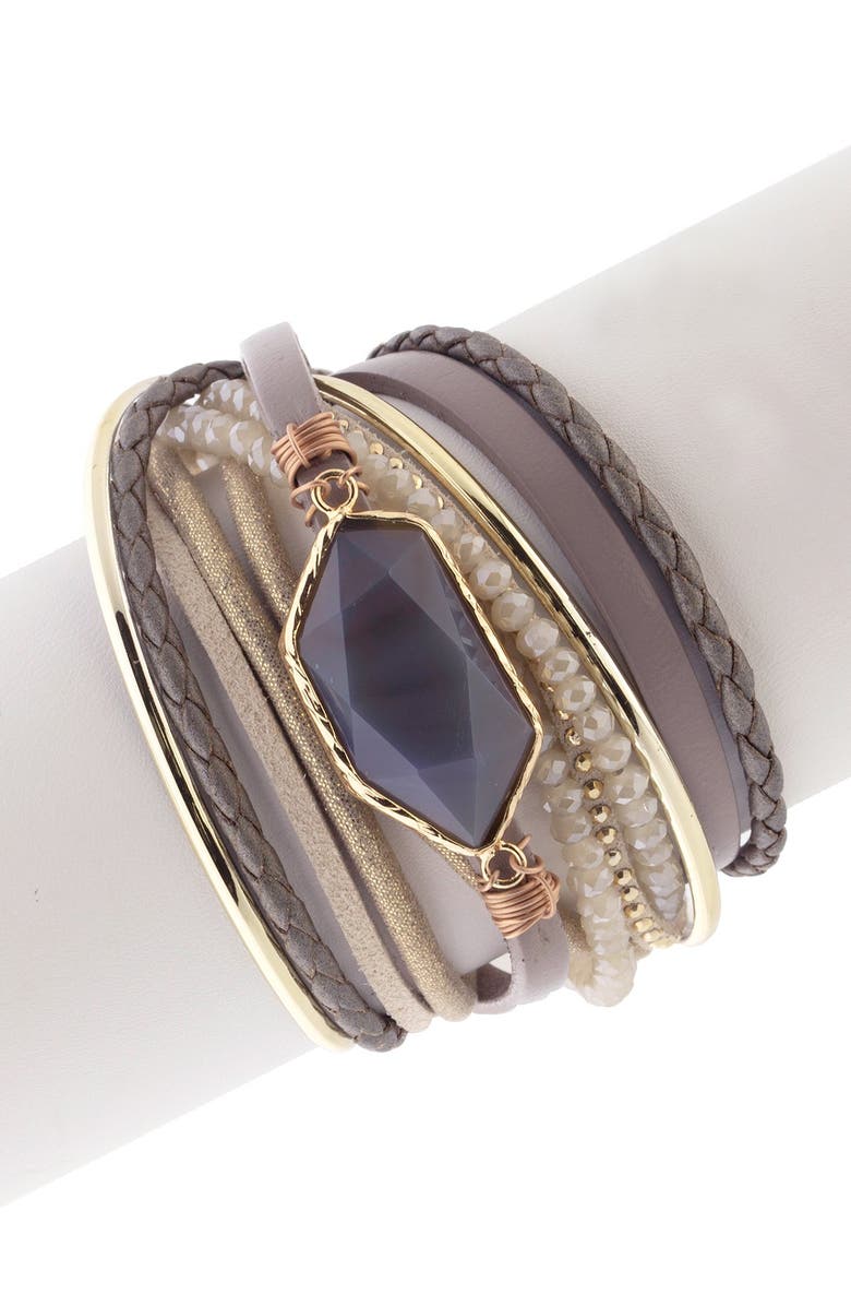 SAACHI Endless Dream Beaded Multistrand Leather Wrap Bracelet, Alternate, color, Taupe