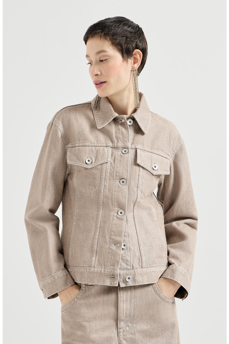 Beige lamé denim four-pocket outerwear jacket with monili, Main, color, Rope