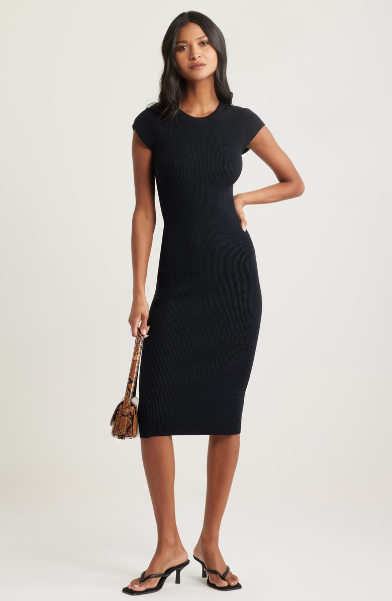 Open Edit Luxe Rib Cap Sleeve Dress, Main, color, Black