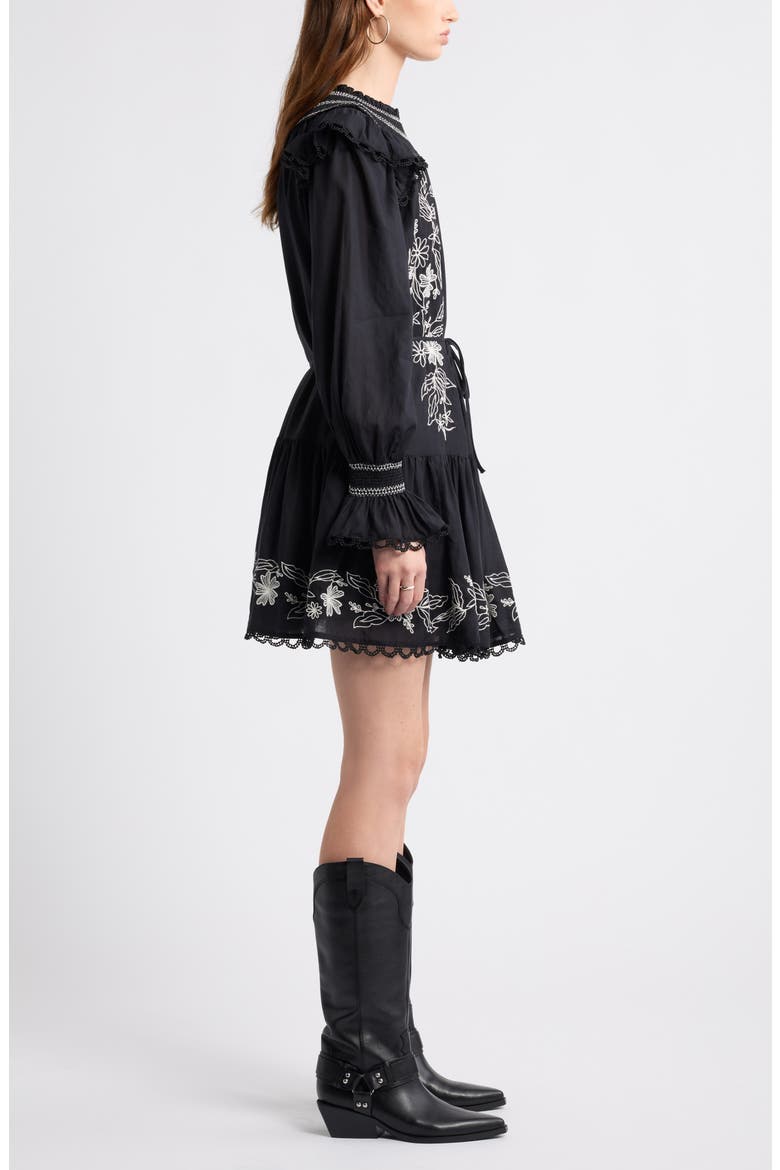 Smocked Embroidered Long Sleeve Minidress, Alternate, color, BLACK-IVORY EMBROIDERED FLORAL