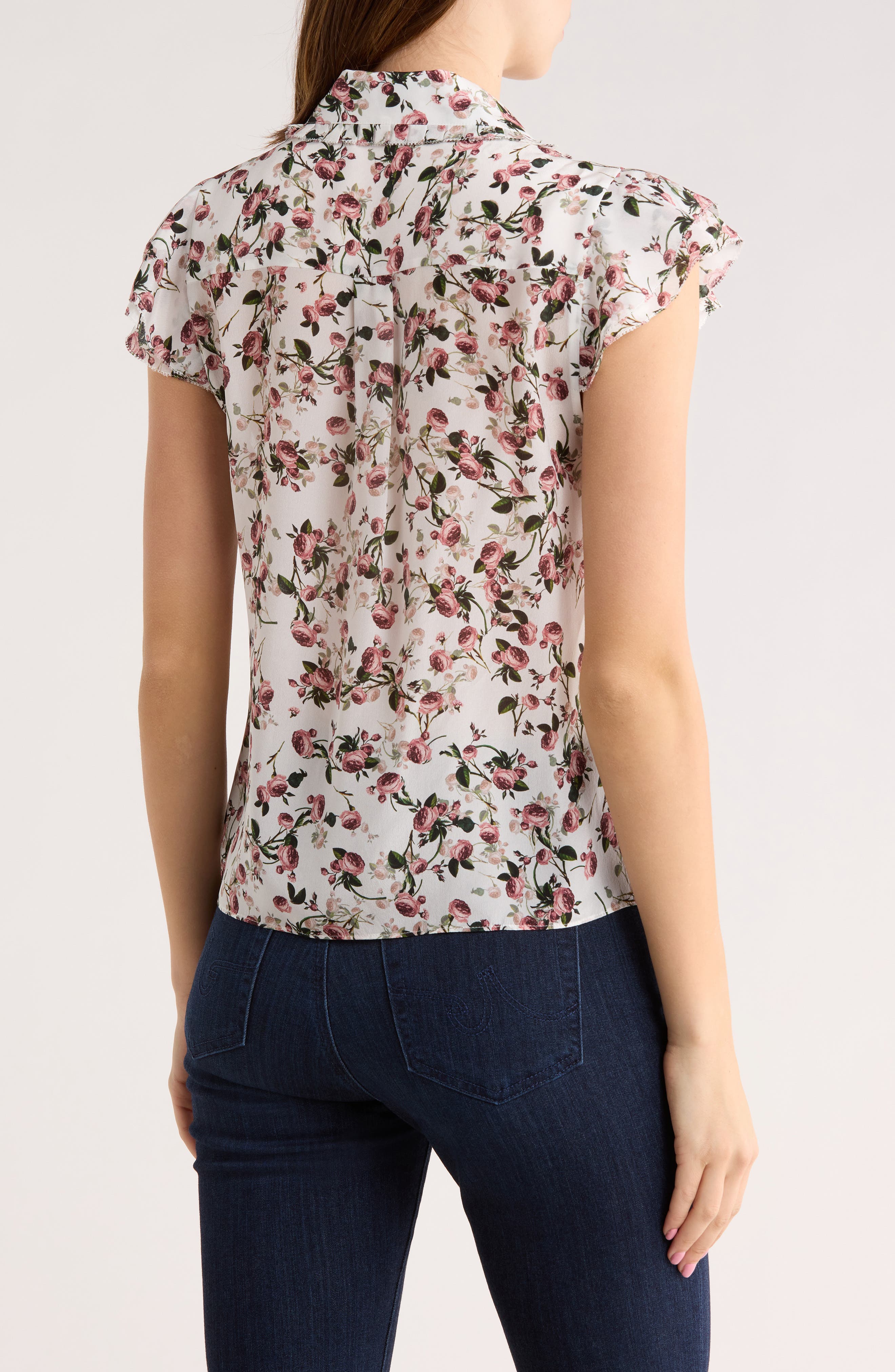 Martel Floral Flutter Sleeve Silk Button-Up Top - image 2