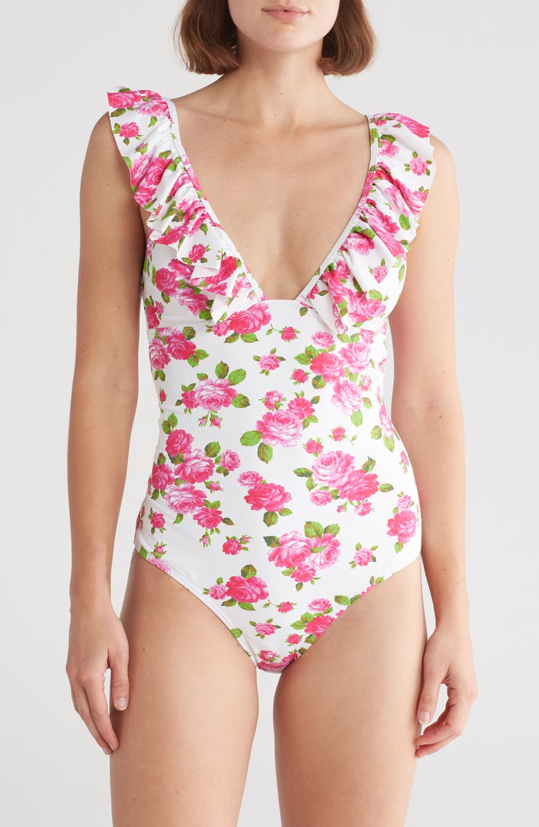 Betsey Johnson Ruffle One-Piece Swimsuit, Main, color, 