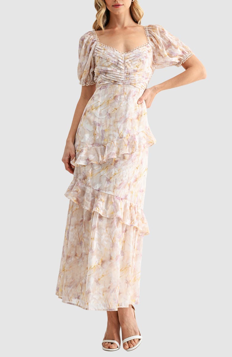 Mila Mae Floral Pleat Detail Ruffled Maxi Dress, Alternate, color, Yellow Floral