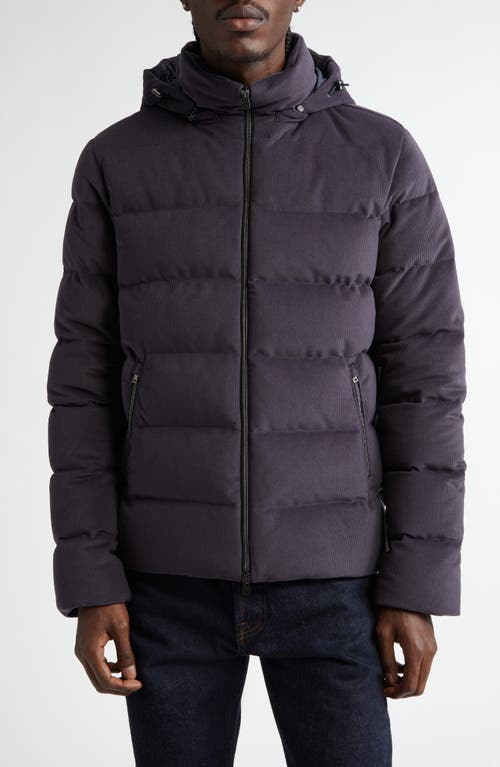 Herno Brushed Corduroy Water Repellent Hooded Down Bomber Jacket in Blue Navy 