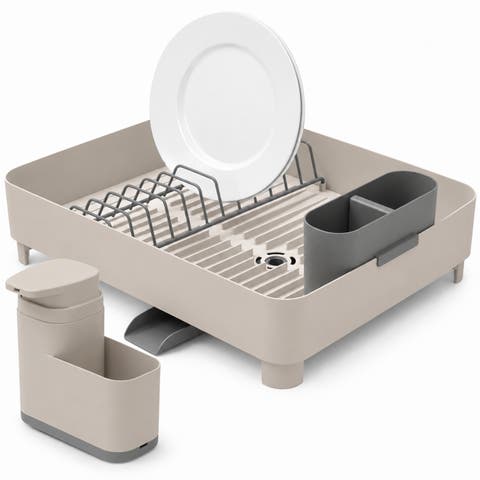 Space Saving Dish Drying Rack with Drainage Spout and 19 oz Liquid Soap Dispenser with Extended Sponge Holder Kitchen Sink Organizer Set