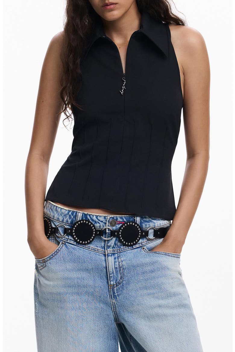 Pleated Sleeveless Half Zip Top, Main, color, BLACK