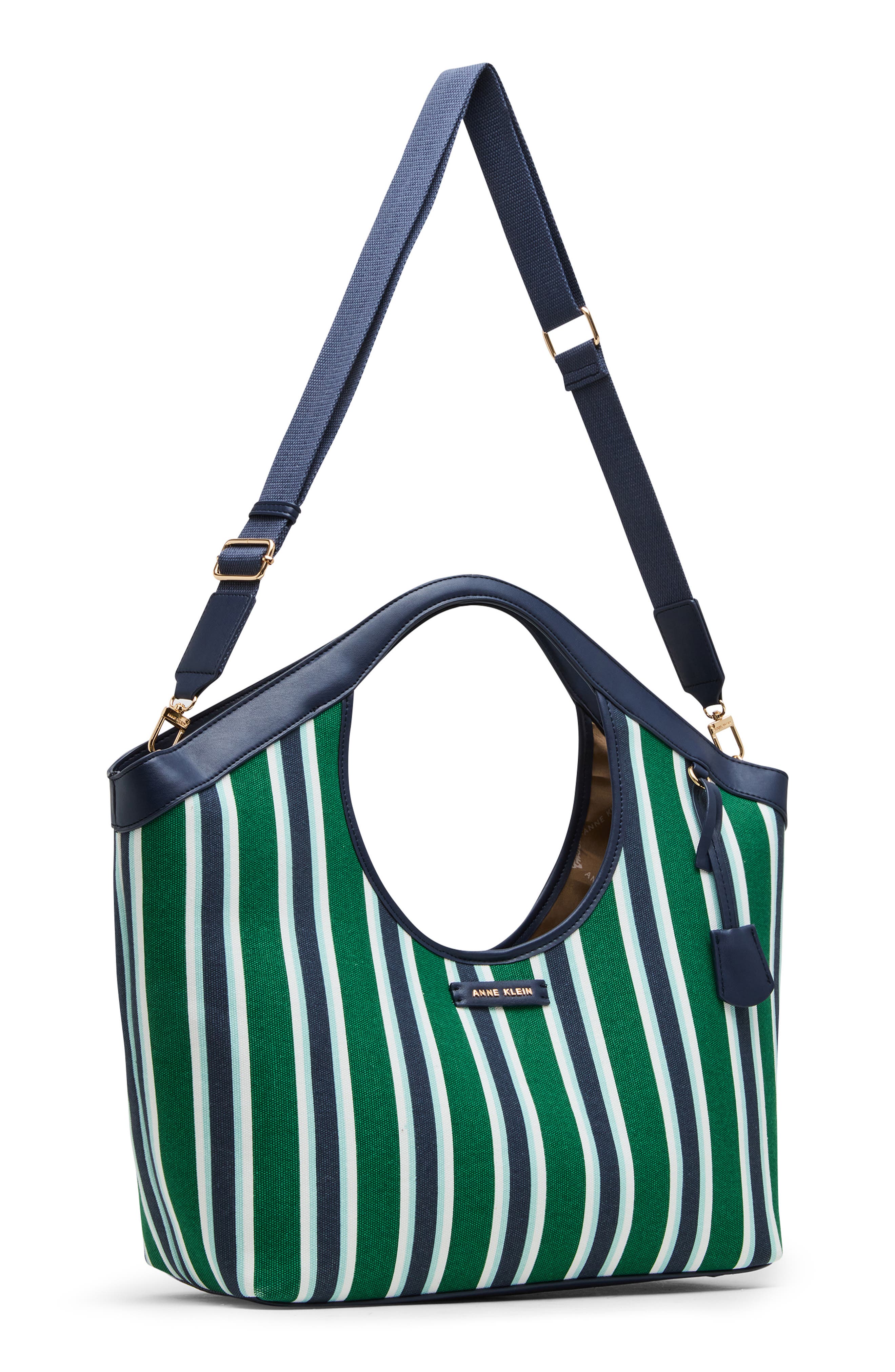 Anne Klein Stripe Large Tote Bag with Pouch, Alternate, color, Navy