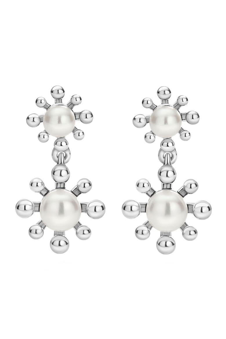 Luna Fleur Cultured Pearl Drop Earrings, Main, color, SILVER