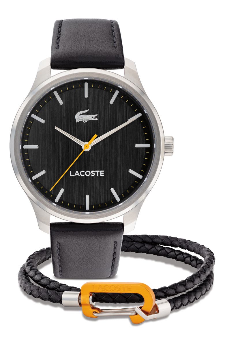 Lacoste Leather Strap Watch & Bracelet Gift Set, 42mm, Main, color, Black