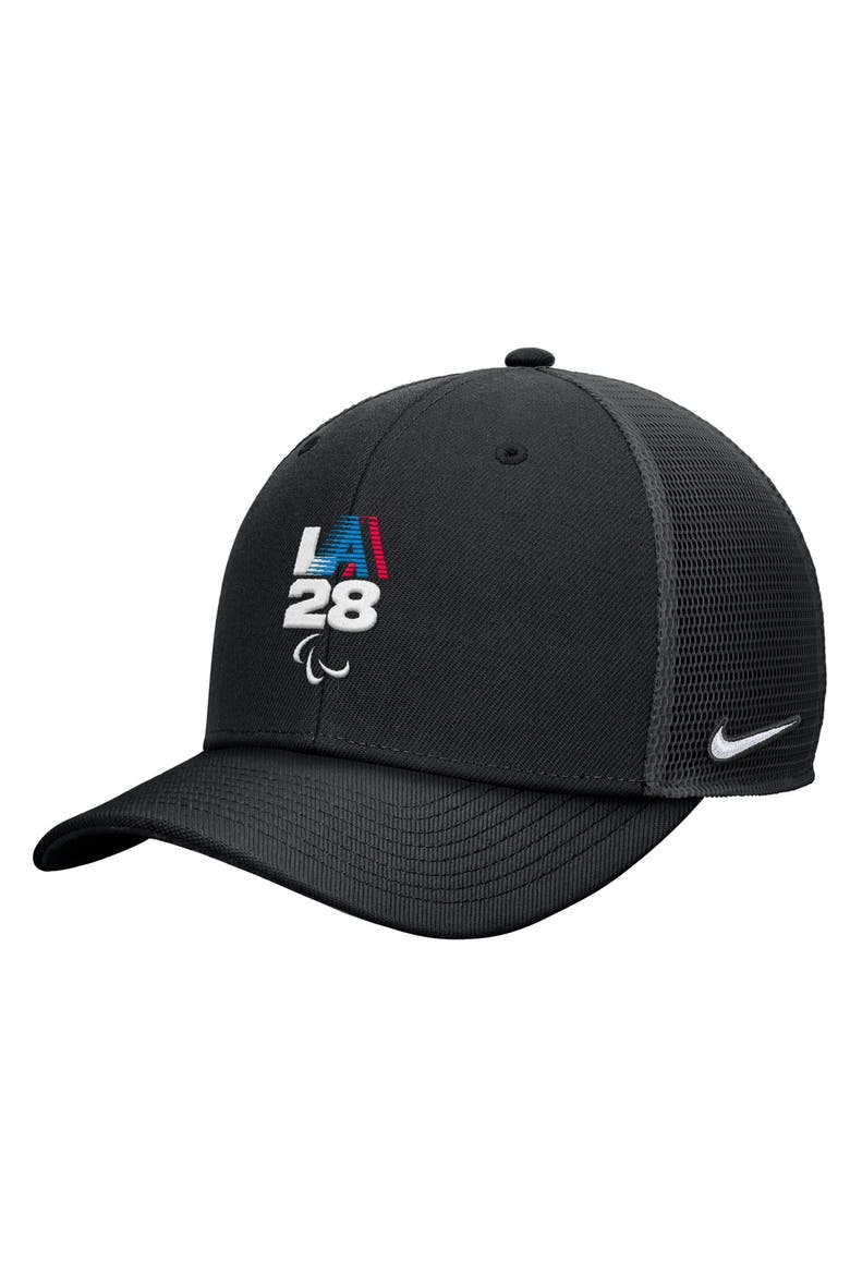 Men's Nike Black LA28 Summer Paralympics Retro Stripe Rise Adjustable Trucker Hat, Main, color, Black