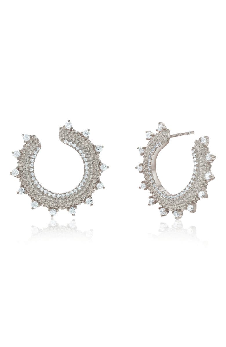 SUZY LEVIAN Cubic Zirconia Milgrain Sunburst Frontal Hoop Earrings, Main, color, White