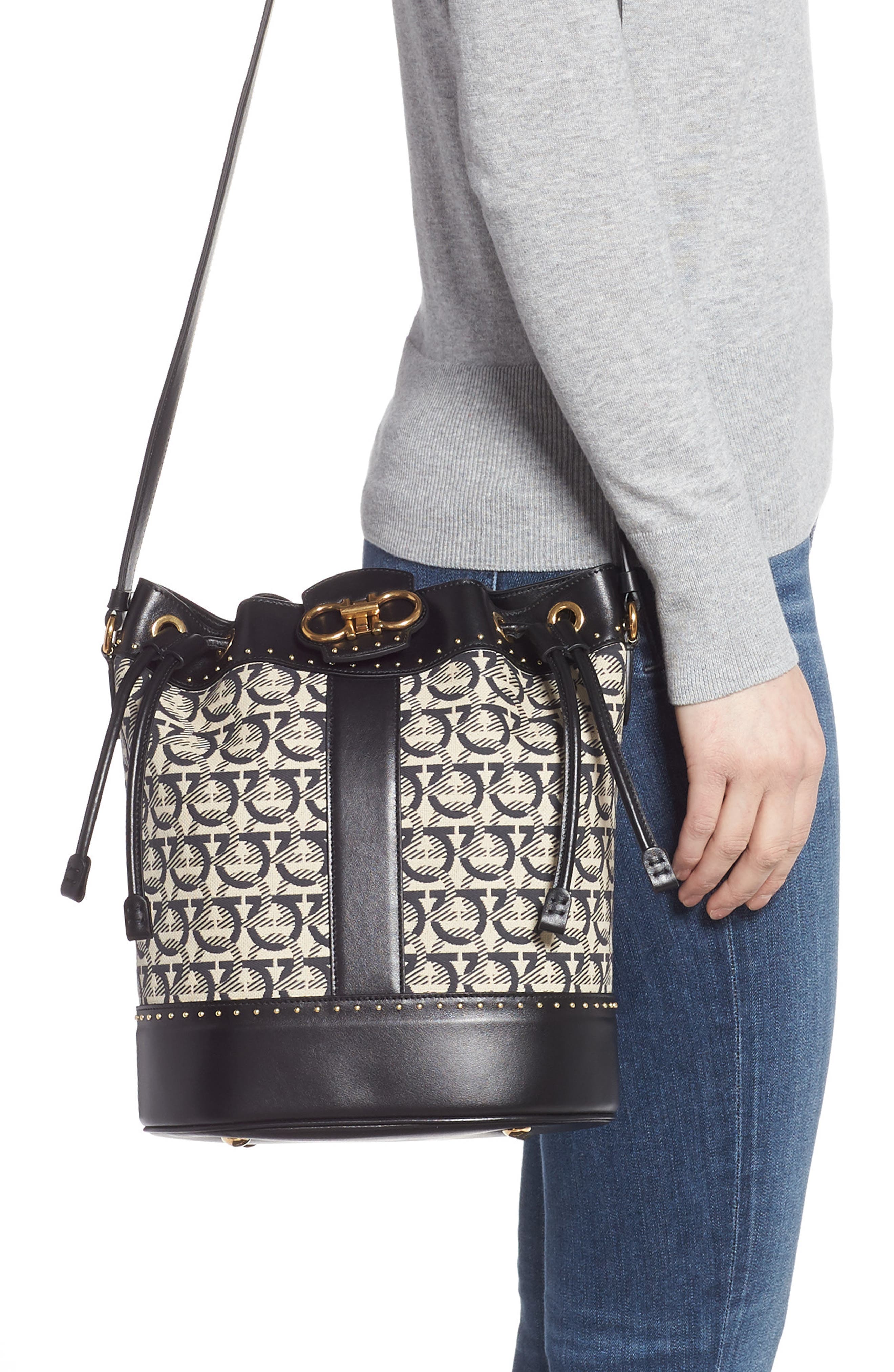 FERRAGAMO Salvatore Ferragamo Leather & Jacquard Bucket Bag, Alternate, color, 