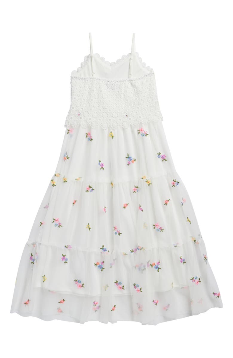 Zunie Kids' Crochet Bodice Floral Embroidered Tiered Mesh Maxi Dress, Alternate, color, White
