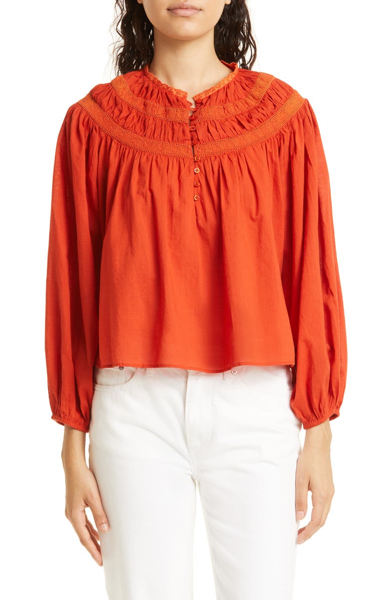 THE GREAT. The Picturesque Lace Yoke Top, Main, color, Tabasco