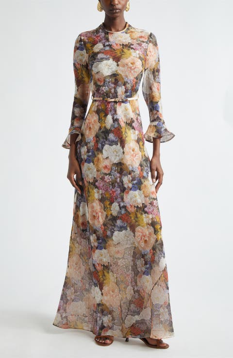 Alchemy Floral Long Sleeve Linen & Silk Maxi Dress