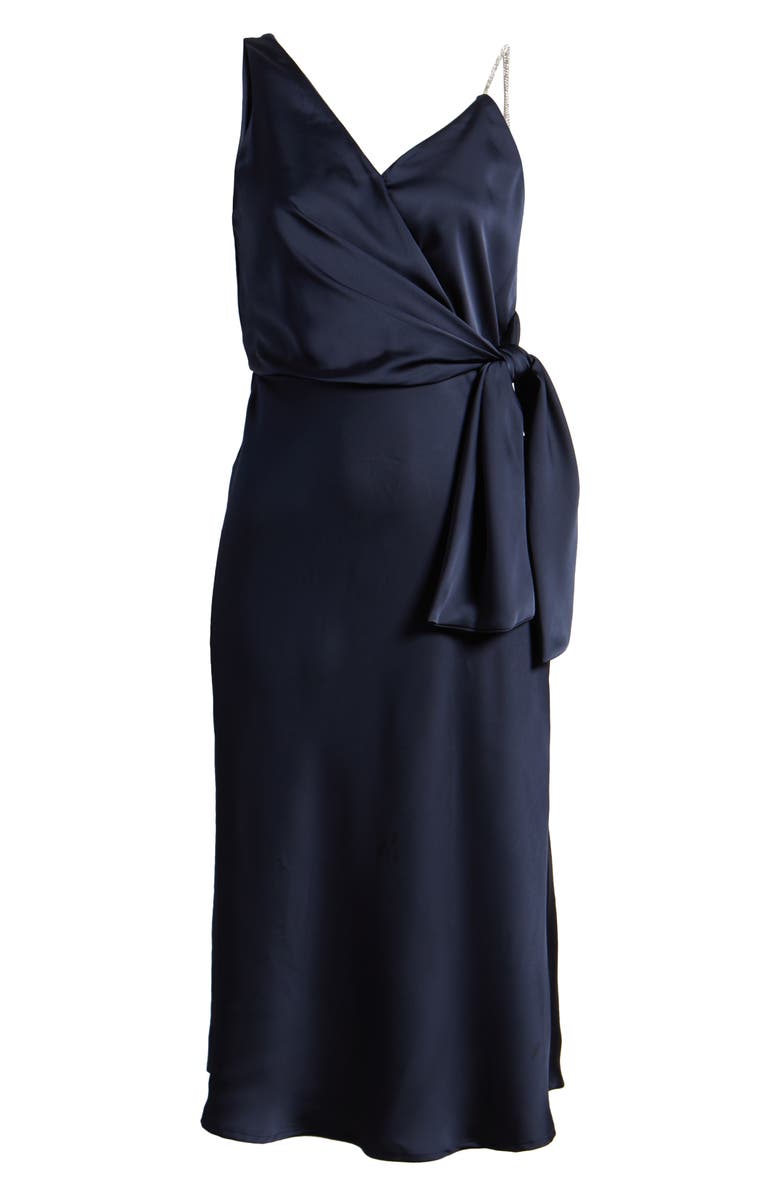 Sam Edelman Rhinestone Strap Satin Faux Wrap Cocktail Dress, Alternate, color, Navy